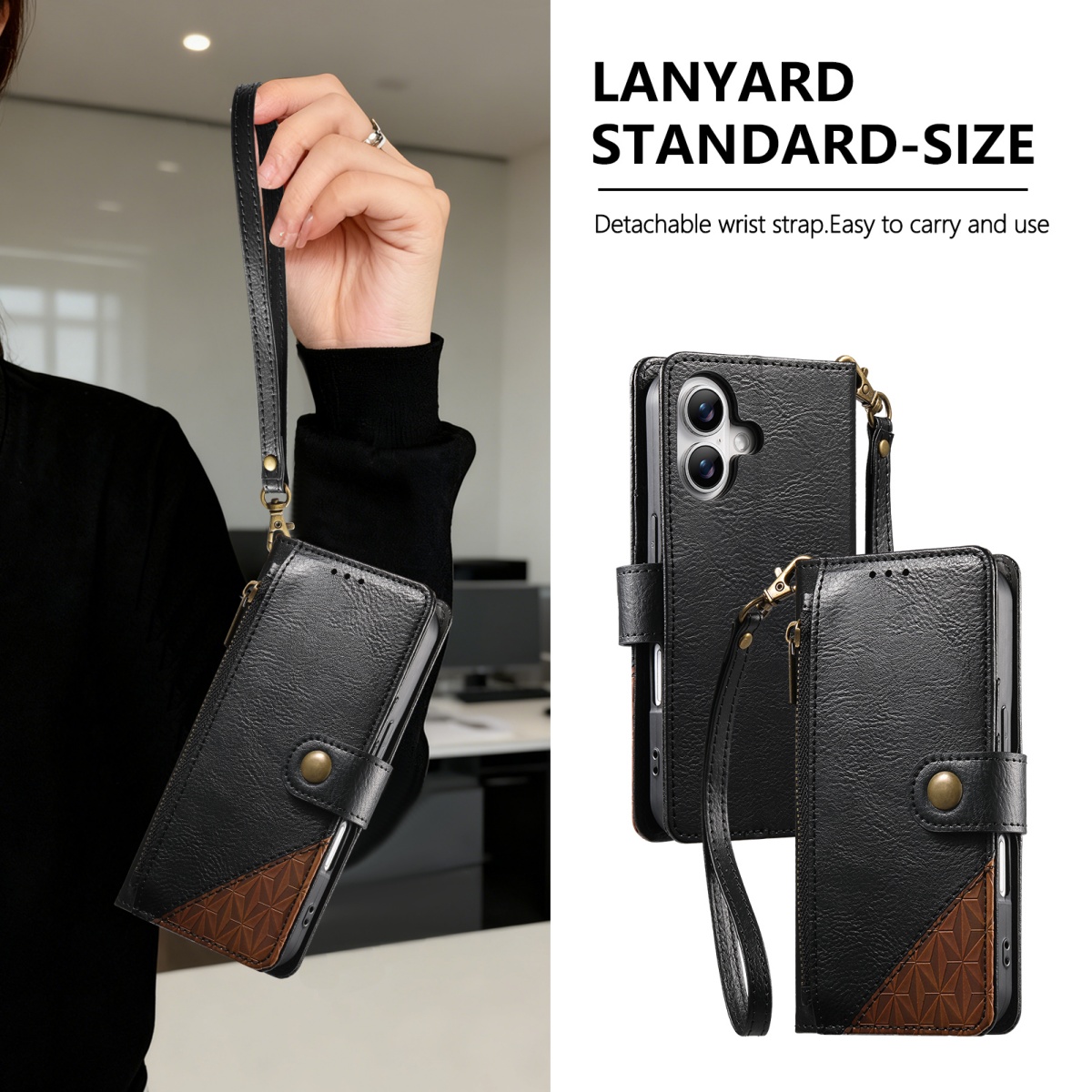 Flip Leather Case - เคสโทรศัพท์แบบพับได้พร้อมช่องใส่บัตร สายคล้องข้อมือแบบซิป หนัง PU สำหรับ Samsung