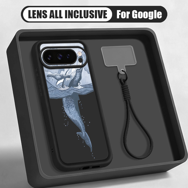Phone Cases Google Pixel 7 - เคสโทรศัพท์ซิลิโคนนิ่มลายปลาวาฬหลังโค้ง พร้อมสายคล้องข้อมือ สำหรับ Google Pixel 10