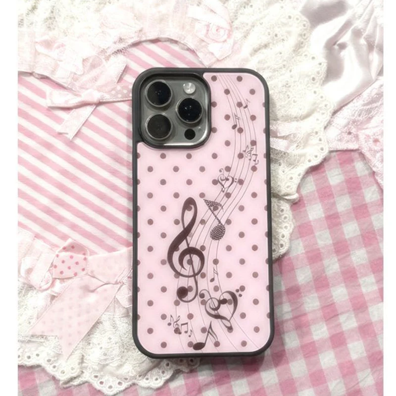 Phone Cases Cool Girl - เคสโทรศัพท์ลายจุดสีชมพู-น้ำตาลสไตล์เกาหลี ลายหัวใจและโน้ตดนตรี สำหรับ iPhone 17 16