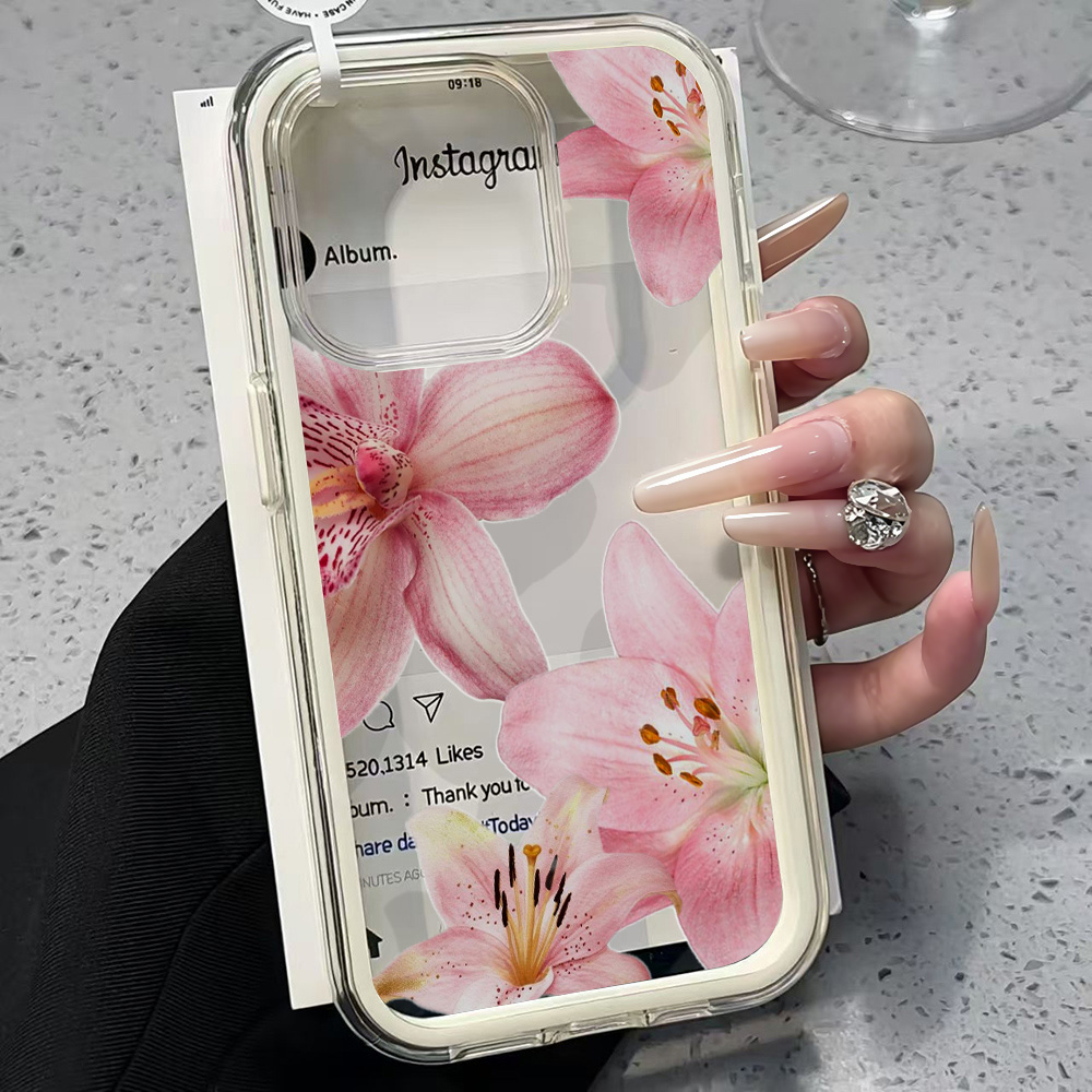 Phone Cases Pink - เคสโทรศัพท์ใสลายดอกลิลลี่สีชมพูสำหรับ iPhone 17 11 12 14