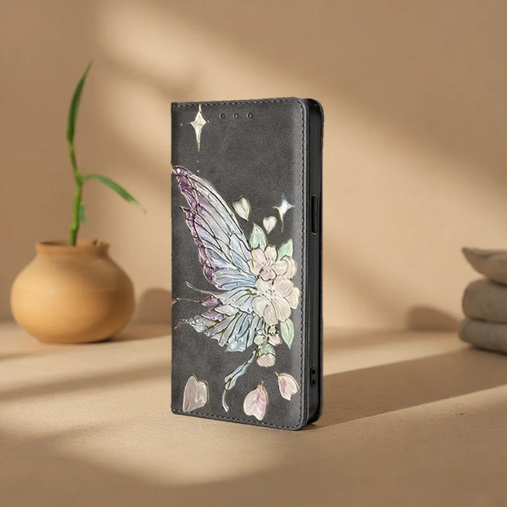 Flip Leather Case - เคสหนังลายผีเสื้อแบบพับได้ ป้องกันการกระแทก สำหรับ Xiaomi Redmi Note